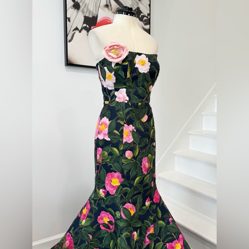 Oscar de la Renta Floral Print Strapless Gown Camellia Faille Mermaid Long Dress - Picture 5 of 16